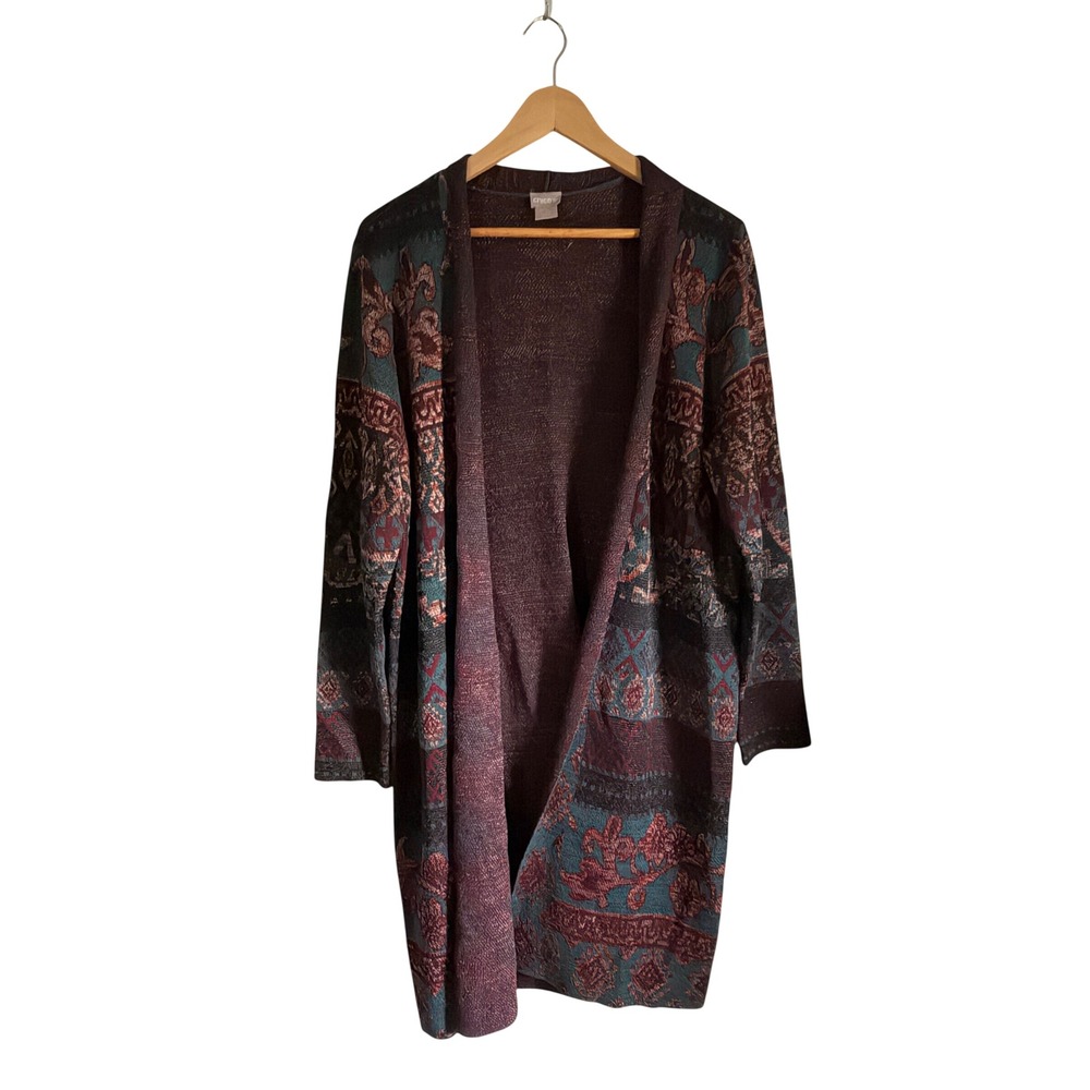 Chico's Women Size 2 Large Tapestry Floral Jacquard Open Front Cardigan Sweater